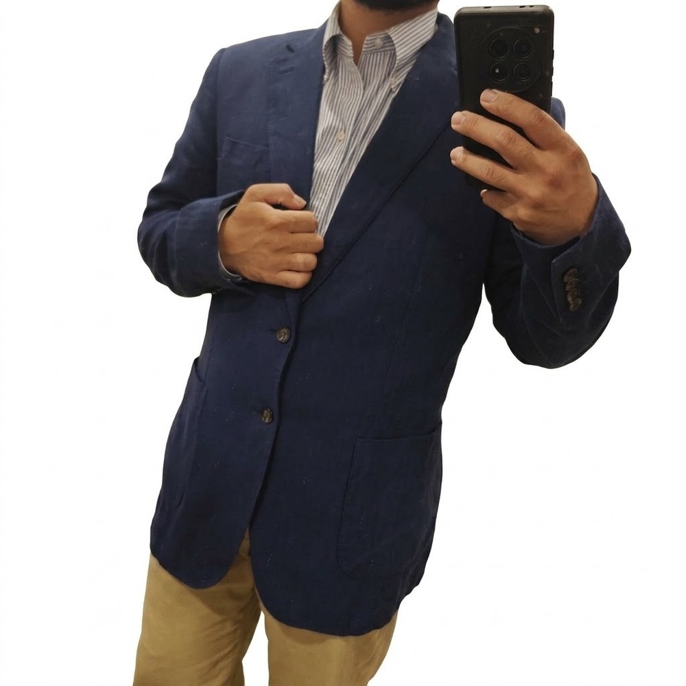 Charles Tyrwhitt Blazer Mens 42L Navy Herringbone Cotton Slim Fit Sport Coat